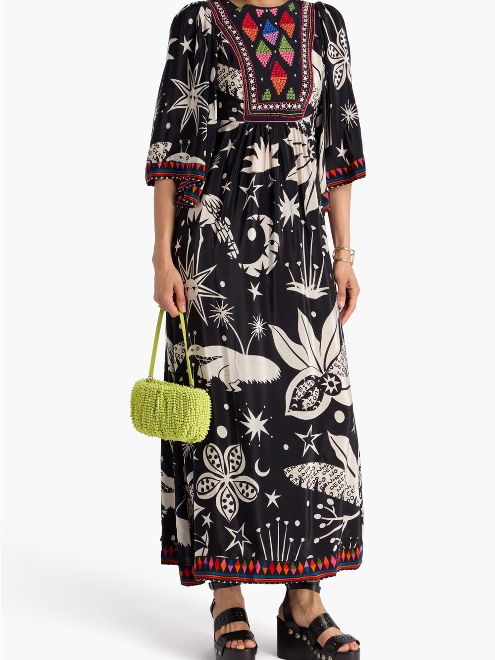 FARM Rio Cerrado Sky Embroidered Beaded Maxi Dress Black Kimono Sleeve Boho M - Picture 3 of 17